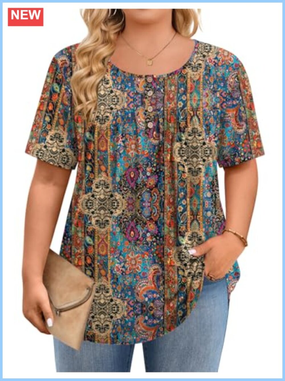 Plus Size Womens Short Sleeve Tunic Top Button Floral Loose Fit